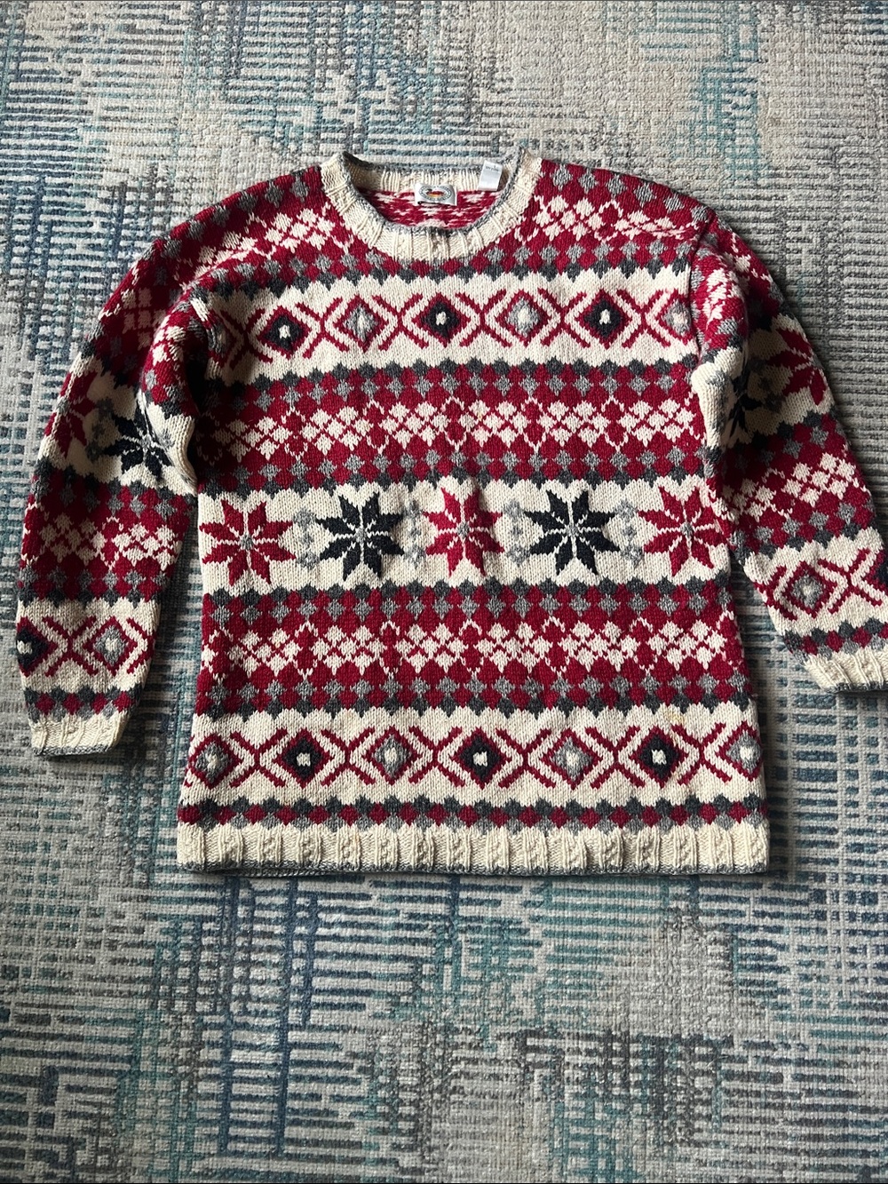 Vintage Marsh Landing 100% Wool Fair Isle Nordic Sweater Medium Red Cream